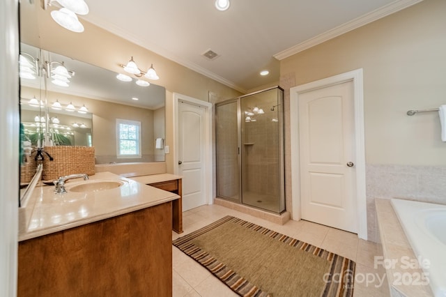 4599 Rustling Woods Dr, Denver, NC 28037 - bathroom with tile patterned floors, a shower stall, ornamental molding, vanity, and a bath