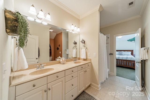 4599 Rustling Woods Dr, Denver, NC 28037 - ensuite bathroom featuring double vanity, tile patterned flooring, crown molding, baseboards, and curtained shower
