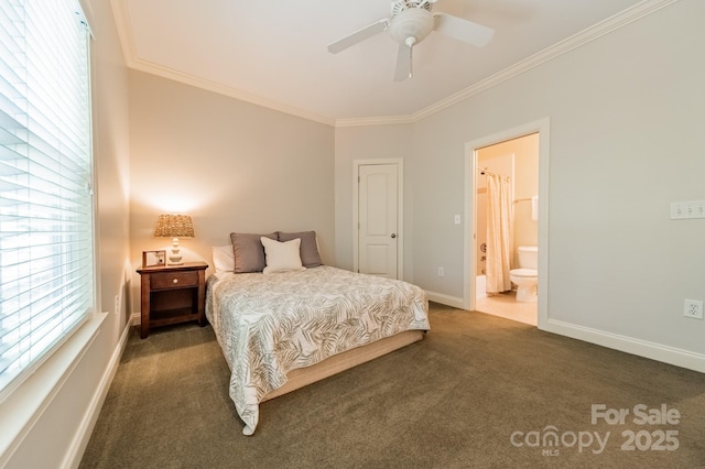4599 Rustling Woods Dr, Denver, NC 28037 - bedroom featuring carpet flooring, crown molding, baseboards, connected bathroom, and a ceiling fan