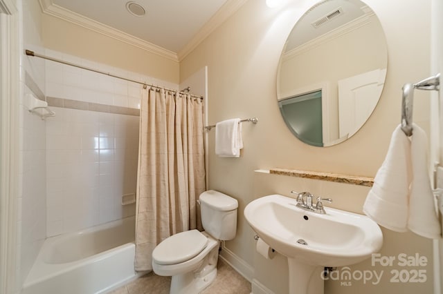 4599 Rustling Woods Dr, Denver, NC 28037 - full bathroom with toilet, shower / bath combo, ornamental molding, tile patterned flooring, and a sink