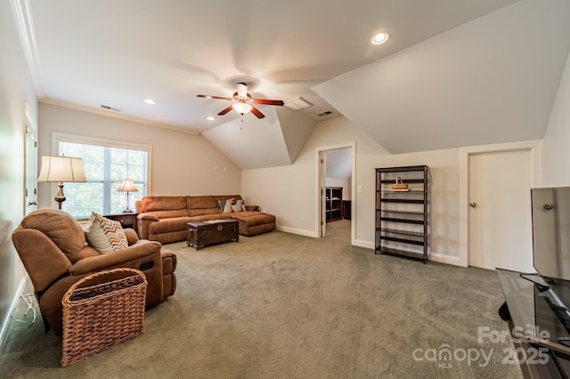 4599 Rustling Woods Dr, Denver, NC 28037 - living area with ceiling fan, carpet, recessed lighting, baseboards, and lofted ceiling