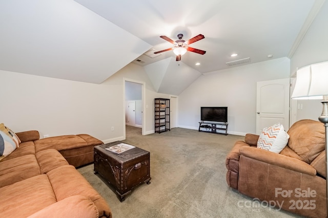 4599 Rustling Woods Dr, Denver, NC 28037 - living area with a ceiling fan, carpet floors, recessed lighting, baseboards, and lofted ceiling
