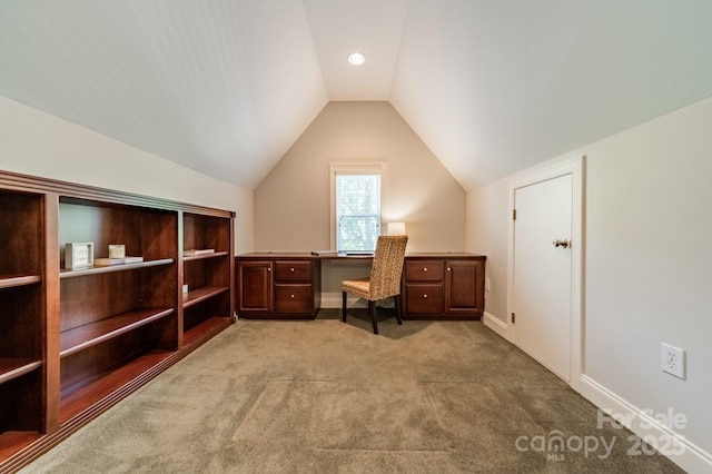 4599 Rustling Woods Dr, Denver, NC 28037 - home office featuring carpet, lofted ceiling, and baseboards