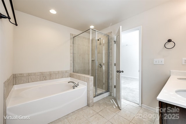 1929 Shorthorn St, Charlotte, NC 28213 - full bathroom with a stall shower, recessed lighting, tile patterned flooring, a bath, and double vanity