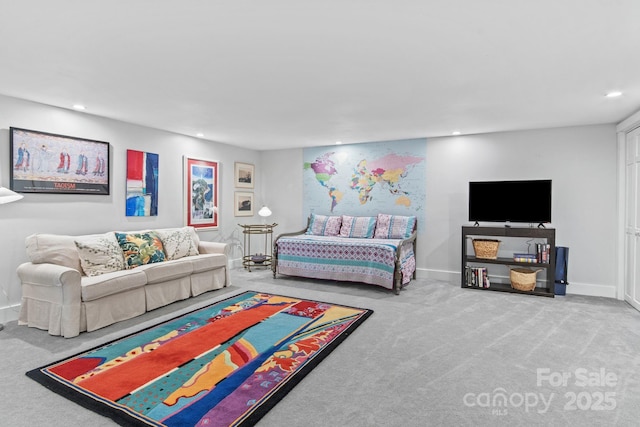 living room with carpet flooring, baseboards, and recessed lighting