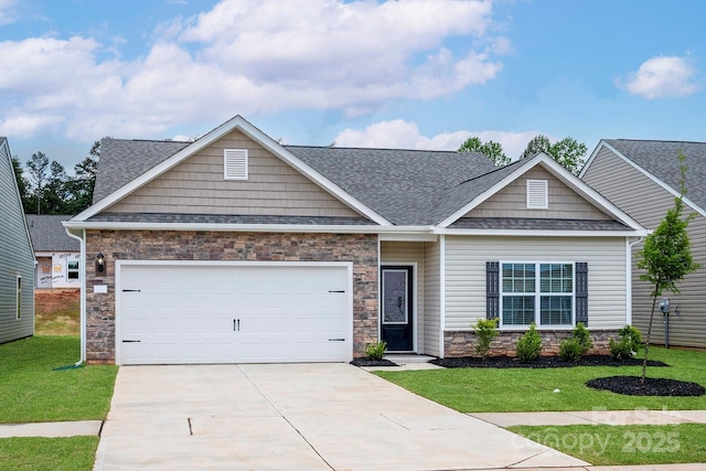 7015 Jerimoth Dr, Charlotte, NC 28215 - craftsman inspired home with a shingled roof, driveway, a garage, and stone siding