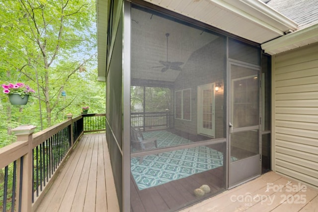 6414 Winding Creek Ln, Denver, NC 28037 - wooden terrace featuring a sunroom and a ceiling fan