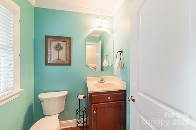 6414 Winding Creek Ln, Denver, NC 28037 - half bathroom with ornamental molding, toilet, vanity, wood finished floors, and baseboards