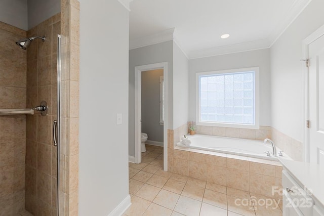 6414 Winding Creek Ln, Denver, NC 28037 - full bath with a shower stall, toilet, crown molding, a garden tub, and tile patterned flooring