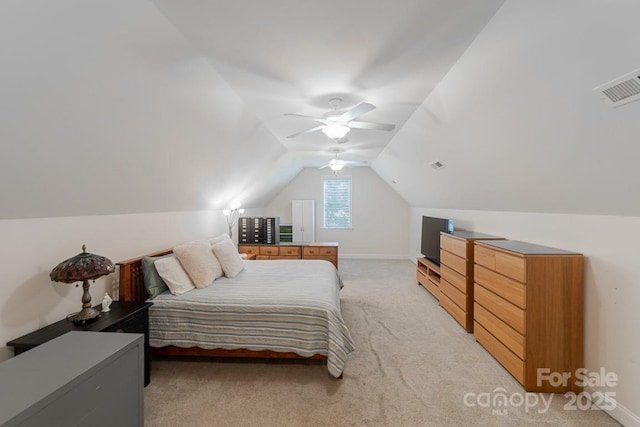 6414 Winding Creek Ln, Denver, NC 28037 - bedroom with light colored carpet, lofted ceiling, a ceiling fan, and baseboards