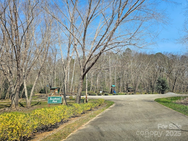 view of community featuring driveway and a forest view