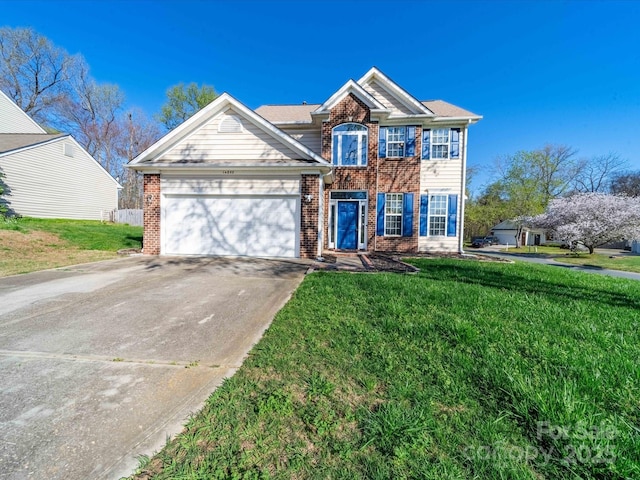 14802 Rolling Sky Dr, Charlotte, NC 28273 - view of front of home featuring an attached garage, brick siding, a front lawn, and concrete driveway