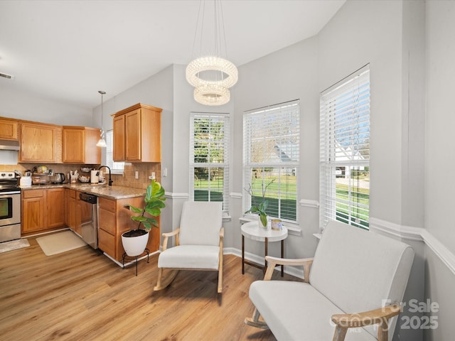 14802 Rolling Sky Dr, Charlotte, NC 28273 - kitchen with a sink, pendant lighting, tasteful backsplash, light wood-style flooring, and stainless steel appliances