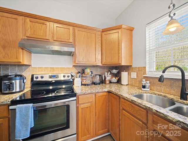 14802 Rolling Sky Dr, Charlotte, NC 28273 - kitchen with a sink, light stone countertops, stainless steel electric range, under cabinet range hood, and decorative backsplash