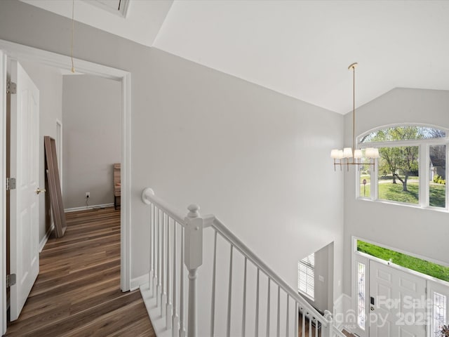 14802 Rolling Sky Dr, Charlotte, NC 28273 - hall with an upstairs landing, vaulted ceiling, dark wood-type flooring, baseboards, and a notable chandelier