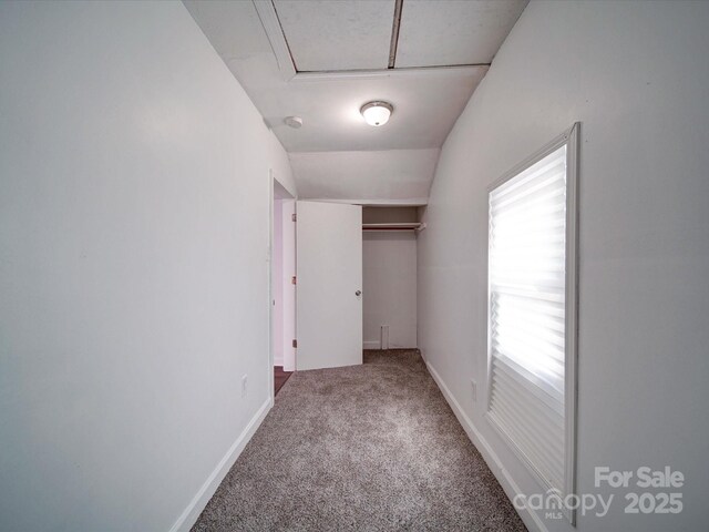 2300 Kennesaw Dr, Charlotte, NC 28216 - corridor featuring carpet flooring, lofted ceiling, and attic access