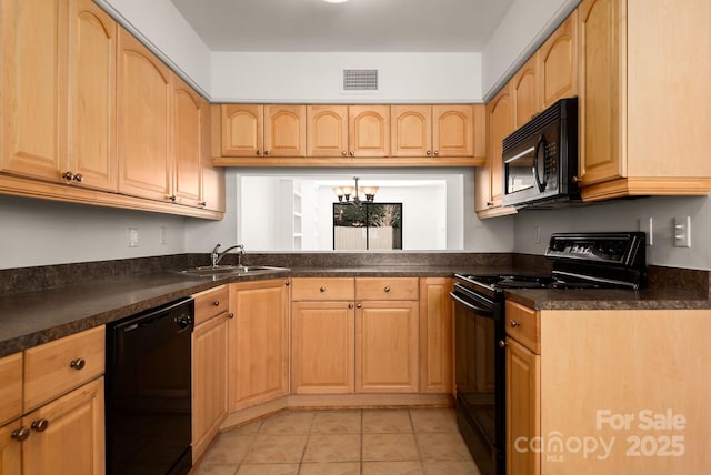3709 Willow Point Dr, Charlotte, NC 28277 - kitchen featuring light tile patterned floors, a sink, dark countertops, visible vents, and black appliances