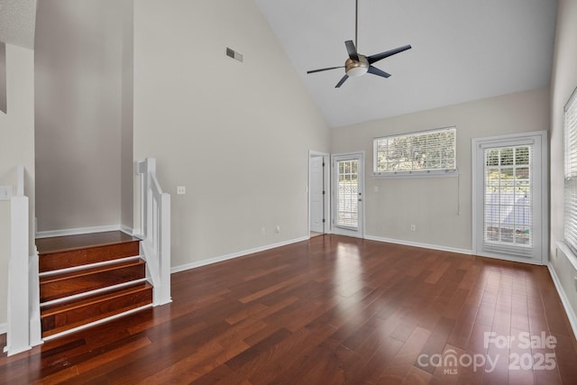 11929 Kings Castle Ct, Charlotte, NC 28277 - unfurnished living room with a ceiling fan, wood finished floors, plenty of natural light, and visible vents