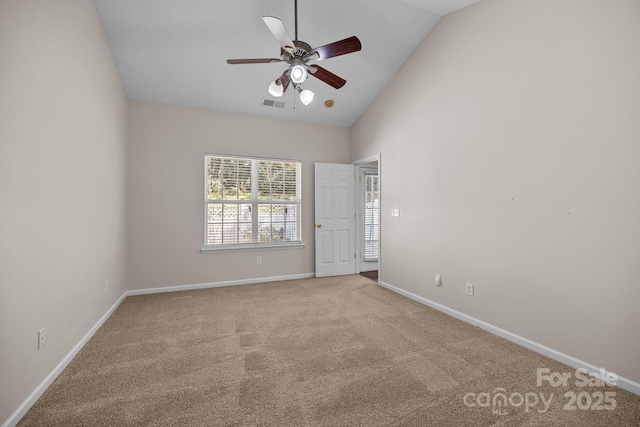 11929 Kings Castle Ct, Charlotte, NC 28277 - unfurnished room with carpet flooring, high vaulted ceiling, visible vents, baseboards, and a ceiling fan