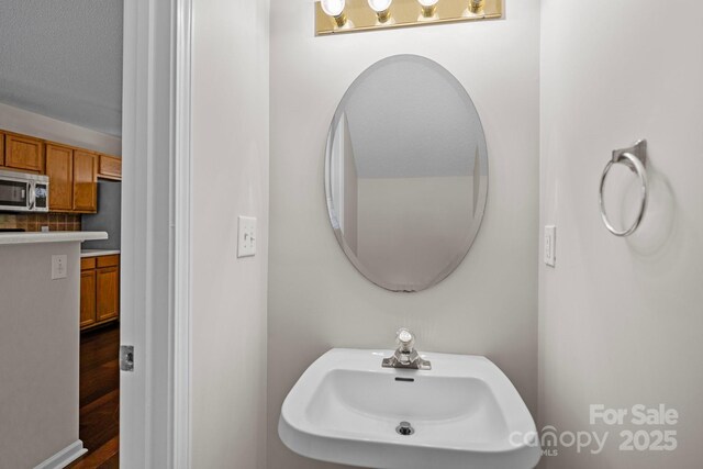 11929 Kings Castle Ct, Charlotte, NC 28277 - bathroom featuring backsplash, a sink, and wood finished floors