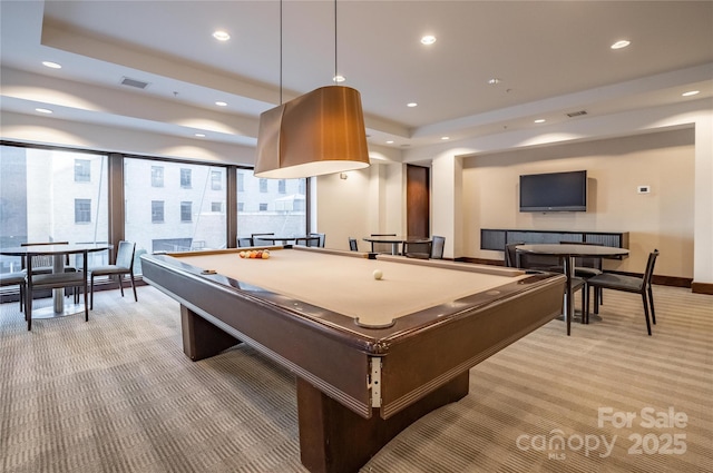 recreation room with pool table, light carpet, a tray ceiling, visible vents, and recessed lighting