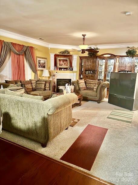 living area with wood finished floors, a fireplace, and crown molding