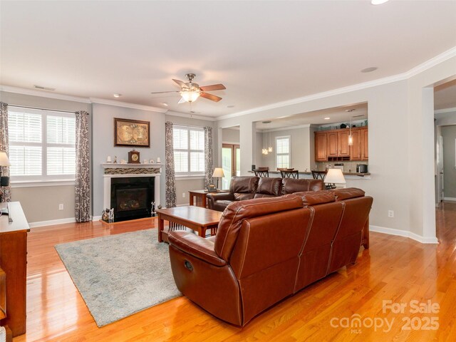 706 Springwood Dr Unit 14, Waxhaw, NC 28173 - living room with plenty of natural light, light wood-style floors, a ceiling fan, and crown molding