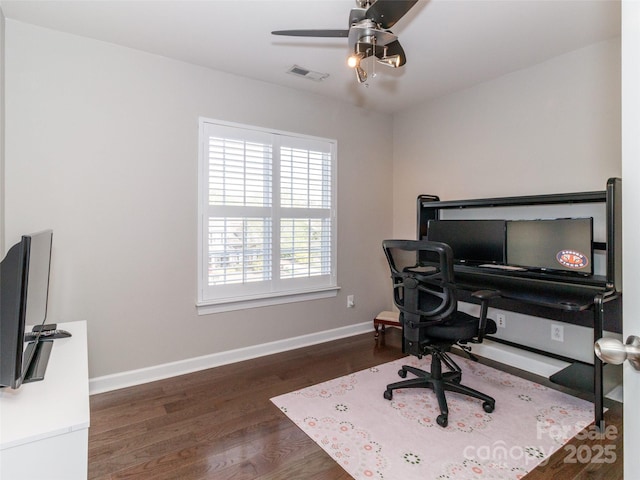 706 Springwood Dr Unit 14, Waxhaw, NC 28173 - office featuring visible vents, dark wood-style flooring, baseboards, and a ceiling fan