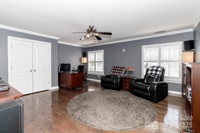 706 Springwood Dr Unit 14, Waxhaw, NC 28173 - living area featuring crown molding, dark wood-style flooring, ceiling fan, and visible vents