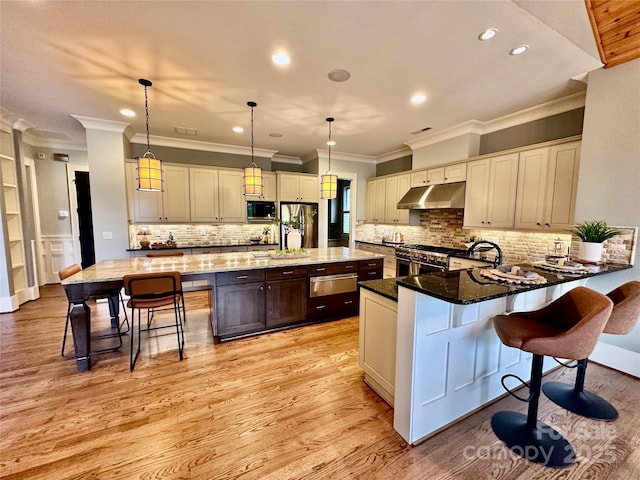 18420 Rosapenny Rd, Charlotte, NC 28278 - kitchen featuring under cabinet range hood, appliances with stainless steel finishes, a warming drawer, dark stone counters, and a kitchen breakfast bar