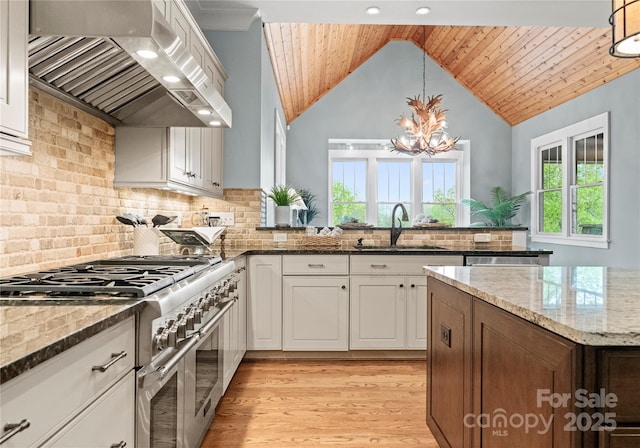 18420 Rosapenny Rd, Charlotte, NC 28278 - kitchen with double oven range, extractor fan, a sink, white cabinetry, and dark stone counters