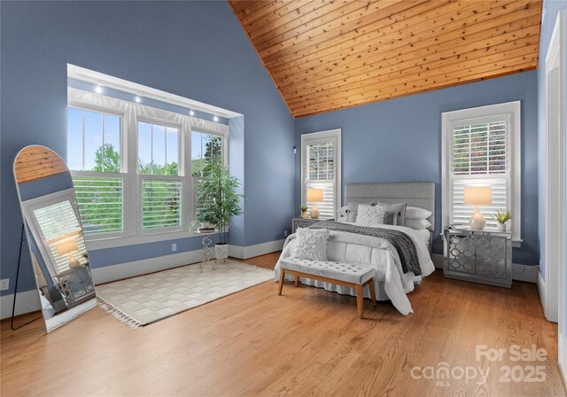 18420 Rosapenny Rd, Charlotte, NC 28278 - bedroom with multiple windows, wood finished floors, wooden ceiling, high vaulted ceiling, and baseboards