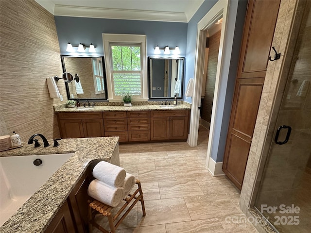 18420 Rosapenny Rd, Charlotte, NC 28278 - bathroom with a shower stall, crown molding, double vanity, and baseboards