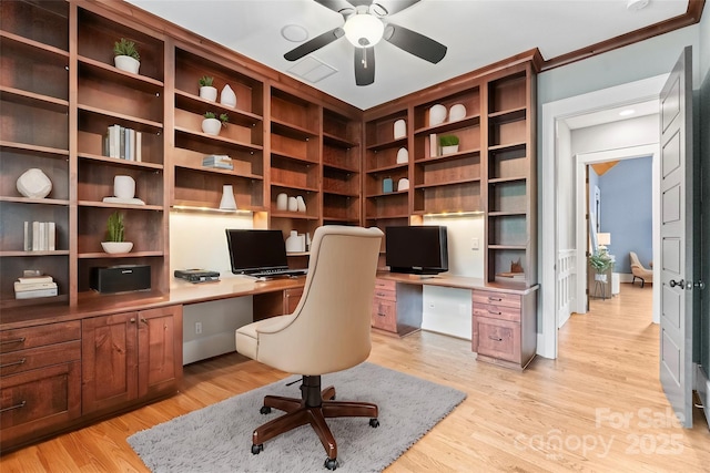 18420 Rosapenny Rd, Charlotte, NC 28278 - office space featuring built in study area, ceiling fan, and light wood-type flooring