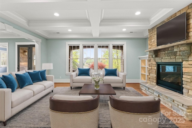 18420 Rosapenny Rd, Charlotte, NC 28278 - living area with plenty of natural light, coffered ceiling, recessed lighting, beam ceiling, and ornamental molding