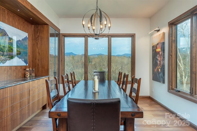 158 Riverbend Forest Dr Unit 15, Asheville, NC 28805 - dining room featuring wood finished floors, a mountain view, and a chandelier