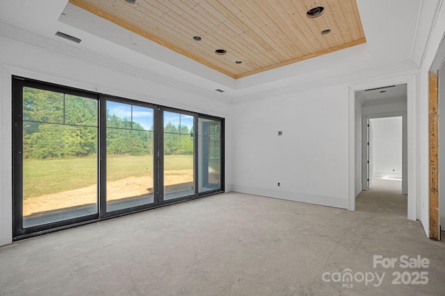 5039 Eliza Long Wilkie Dr, Huntersville, NC 28078 - empty room featuring a tray ceiling, baseboards, crown molding, and wood ceiling