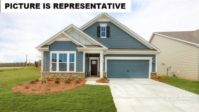 craftsman-style home featuring an attached garage, a front lawn, stone siding, and driveway