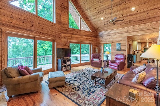living room featuring a ceiling fan, high vaulted ceiling, a healthy amount of sunlight, and wood ceiling