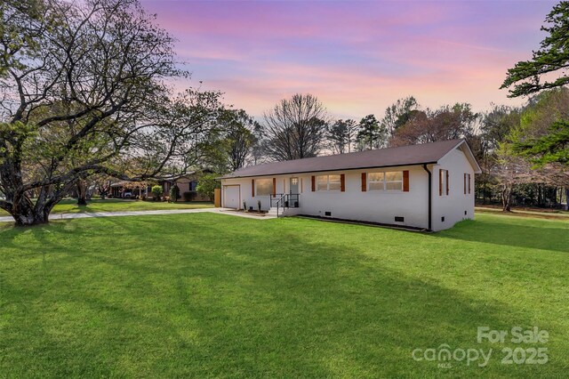 1315 Vickie Ln, Matthews, NC 28104 - single story home featuring concrete driveway, a yard, a garage, and crawl space