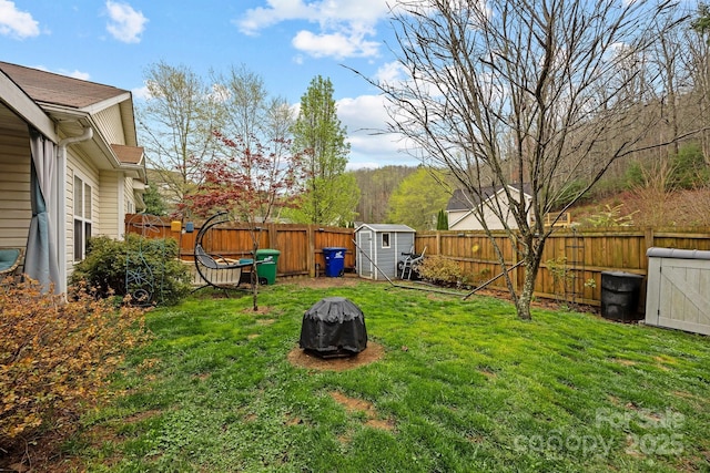view of yard featuring a fenced backyard, a shed, and an outdoor structure