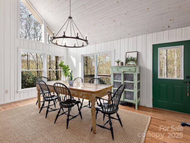 1469 Old Fort Rd, Fairview, NC 28730 - dining room featuring a chandelier, wood finished floors, healthy amount of natural light, high vaulted ceiling, and wood walls