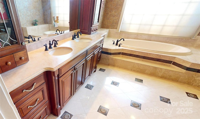 708 Ridgelake Dr, Weddington, NC 28104 - bathroom featuring a bath, double vanity, wallpapered walls, and tile patterned flooring
