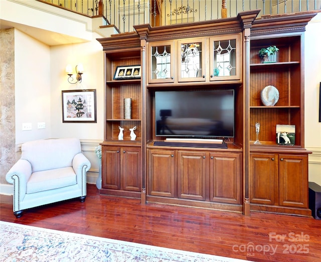 708 Ridgelake Dr, Weddington, NC 28104 - living room featuring dark wood-type flooring and built in shelves