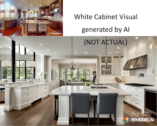 708 Ridgelake Dr, Weddington, NC 28104 - kitchen featuring exhaust hood, a large island, open floor plan, a sink, and a kitchen breakfast bar