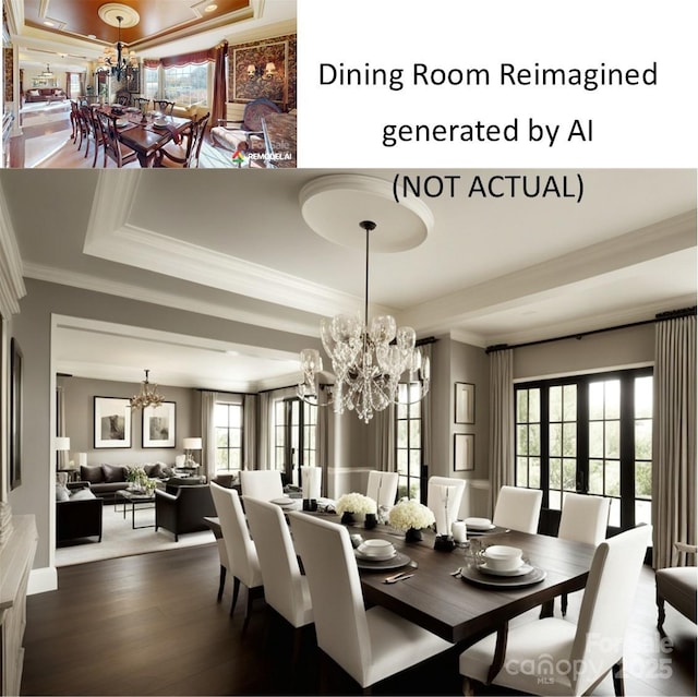 708 Ridgelake Dr, Weddington, NC 28104 - dining space featuring a chandelier, a raised ceiling, crown molding, and dark wood finished floors