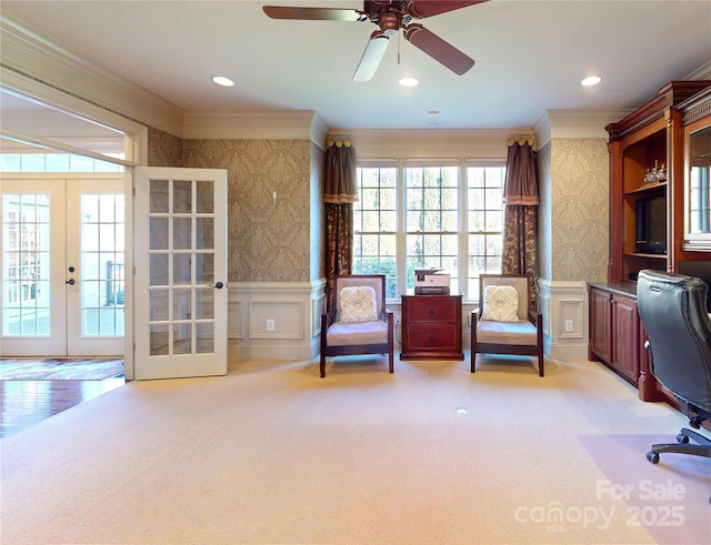708 Ridgelake Dr, Weddington, NC 28104 - office space featuring crown molding, french doors, a decorative wall, wallpapered walls, and light colored carpet