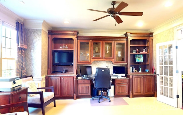 708 Ridgelake Dr, Weddington, NC 28104 - office space featuring ceiling fan, crown molding, and built in study area