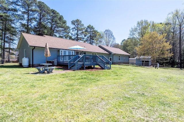 4487 Catawba Burris Rd, Denver, NC 28037 - rear view of property with a yard, a deck, a shingled roof, and stairs