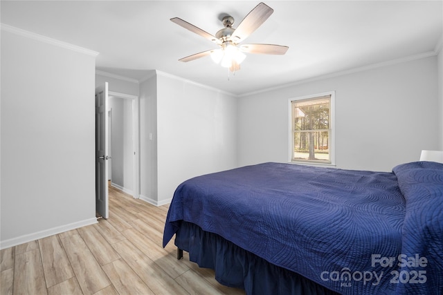 4487 Catawba Burris Rd, Denver, NC 28037 - bedroom with baseboards, ornamental molding, a ceiling fan, and light wood finished floors